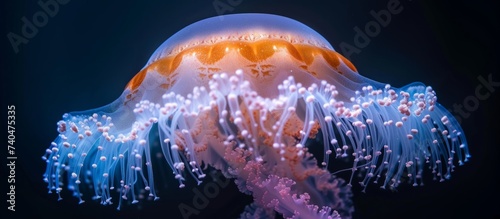 An electric blue jellyfish, a fascinating underwater organism, gracefully swims in the deep dark waters of the ocean, providing a mesmerizing marine biology event © TheWaterMeloonProjec