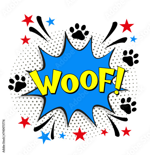 Comic lettering woof. Vector bright cartoon illustration in retro pop art style. Comic text sound effects. EPS 10.
