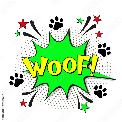 Comic lettering woof. Vector bright cartoon illustration in retro pop art style. Comic text sound effects. EPS 10.