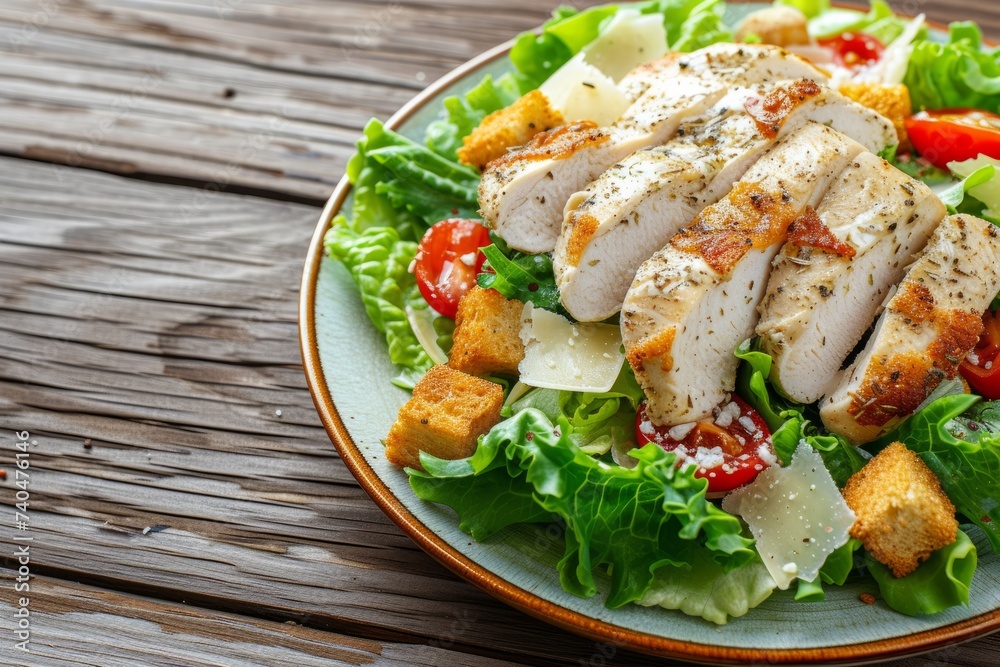 Caesar salad with chicken fillet, tomatoes, croutons and parmesan in a plate on a rustic wooden background, close up Caesar salad with chicken fillet, tomatoes, croutons and parmesan in a plate on a rustic wooden background, close up