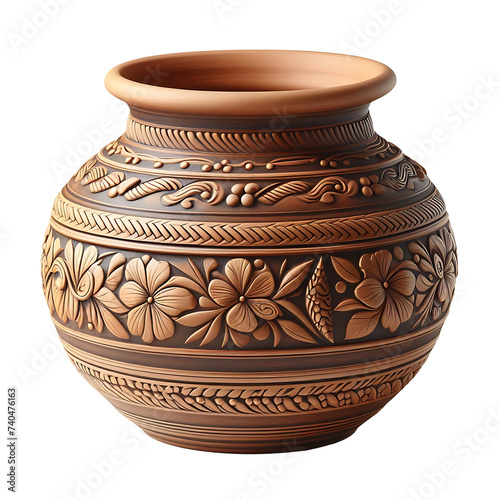 clay pot with floral design isolated on transparent background,PNG image