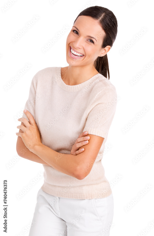 Business woman, portrait and arms crossed in studio, smile and pride for career on white background. Female person, confident and happy for startup company, entrepreneur and positive for opportunity Business woman, portrait and arms crossed in studio, smile and pride for career on white background. Female person, confident and happy for startup company, entrepreneur and positive for opportunity