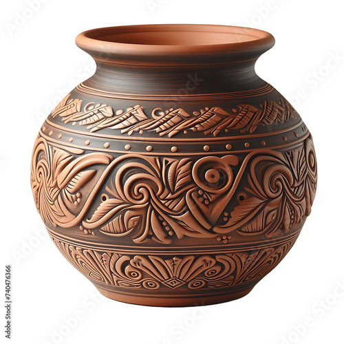 clay pot with floral design isolated on transparent background,PNG image