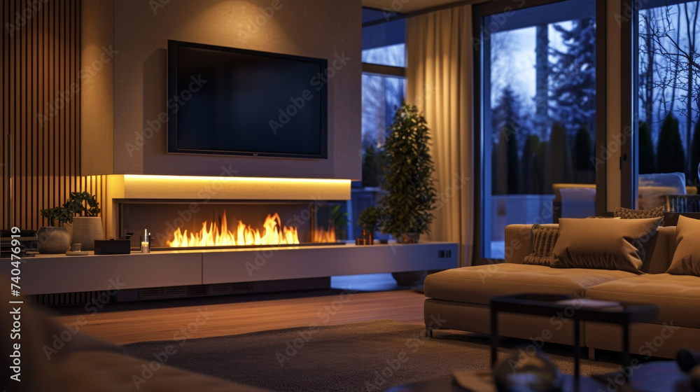 An image of an empty living room with the lights turned off except for a soft glow coming from the fireplace all controlled by the home automation system to create an inviting An image of an empty living room with the lights turned off except for a soft glow coming from the fireplace all controlled by the home automation system to create an inviting