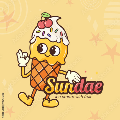 A cartoon ice cream character in a retro groove style.  Vintage dessert mascot.