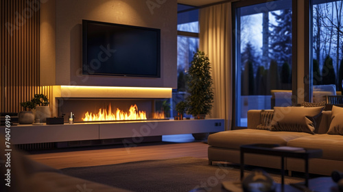 An image of an empty living room with the lights turned off except for a soft glow coming from the fireplace all controlled by the home automation system to create an inviting