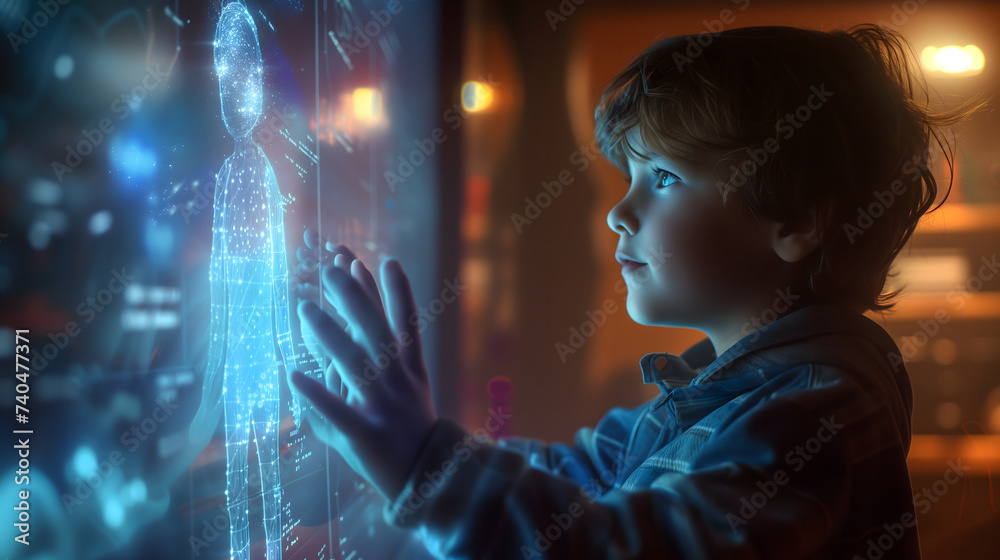 custom made wallpaper toronto digitalThe side view of a boy is touching and learning futuristic technology via a hologram graphic in front of him. Vivid glowing blue color tone.