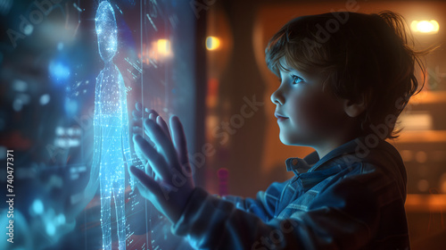 Wallpaper Mural The side view of a boy is touching and learning futuristic technology via a hologram graphic in front of him. Vivid glowing blue color tone. Torontodigital.ca