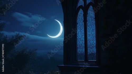 Mystical Window with Crescent Moon in Night Sky