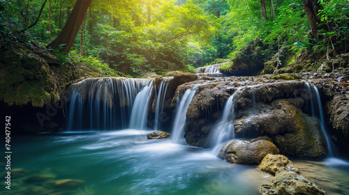 Panoramic view of beautiful waterfall in tropical forest.