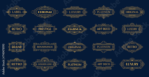 Art deco golden frames and borders, vintage labels with modern geometric ornament, line vector. At deco frames with gold elegant luxury or antique decoration and retro ornate Victorian pattern
