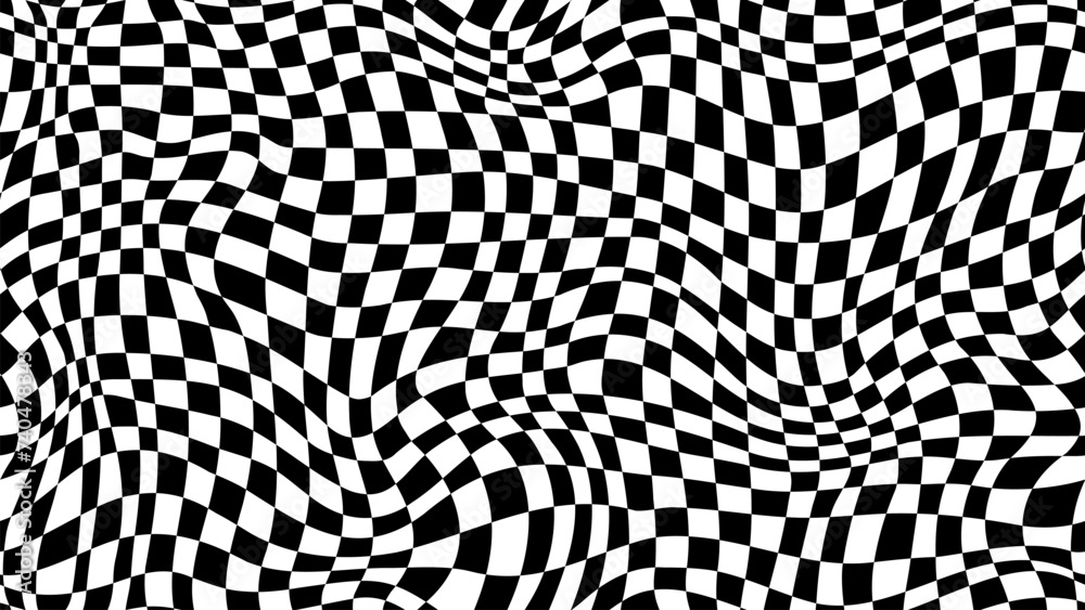 Trippy checkerboard background, wavy checker pattern, optical illusion. Vector seamless black and white swirl. Abstract distorted psychedelic texture, geometric ornament, monochrome chessboard print