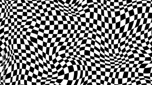 Trippy checkerboard background, wavy checker pattern, optical illusion. Vector seamless black and white swirl. Abstract distorted psychedelic texture, geometric ornament, monochrome chessboard print