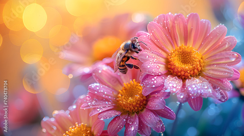  A honeybee delicately pollinates a dew-kissed pink flower, a serene interaction set against a backdrop of warm bokeh lights that enhances the floral vibrancy.