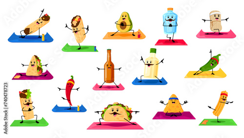 Cartoon tex mex mexican food and drinks characters on yoga fitness. Funny taco, burrito, nachos and quesadilla vector personages. Chili pepper, avocado, tequila, tamale and enchilada doing exercises photo