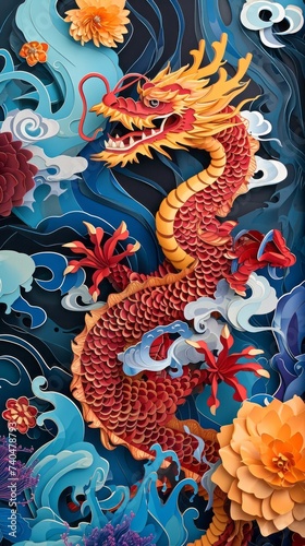 Chinese culture background. New Year, dragon symbol made out paper-cut art