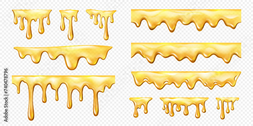 Realistic sweet yellow honey melt drip. Tasty nectar, melting amber, caramel syrup or sauce isolated vector lines. Sweet honey dessert dripping and flowing down liquid 3d borders and dividers set