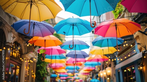 Pedestrian street with colorful multi-colored umbrellas as decoration and protection from the bright sun at noon © Ruslan Gilmanshin