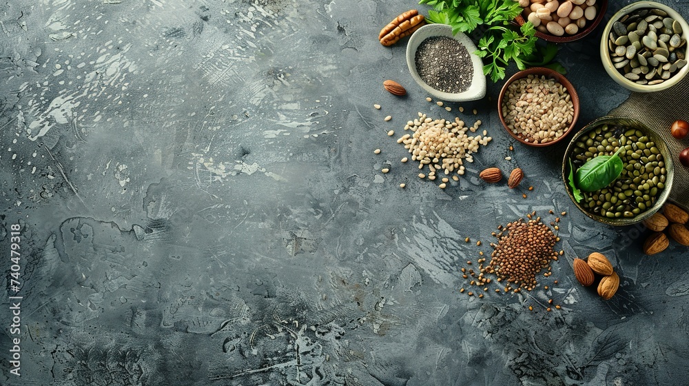 Vegan food with nuts, beans, greens and seeds. A gray background with copy space