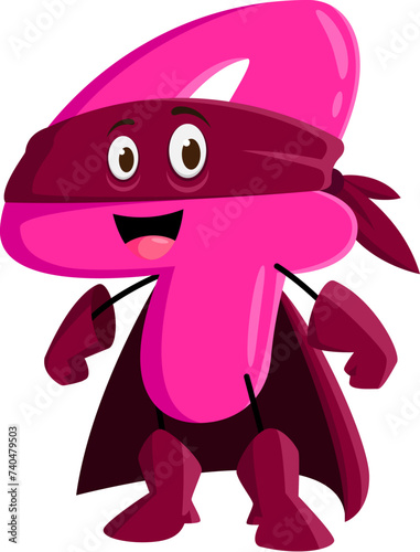 Cartoon math number four superhero character. Isolated vector playful and charming 4 figure. Mathematics numeric super hero personage with big round eyes, a cheerful smile, and iconic defender attire