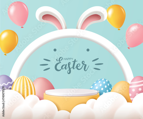 Easter banner for product demonstration. Round pedestal or podium with Easter eggs and balloons on pastel green background.