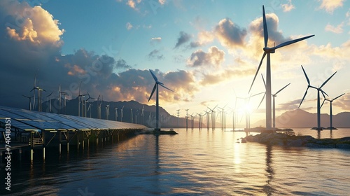 A renewable energy park with wind, solar, and tidal power harmoniously working together.