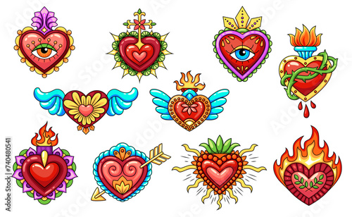 Mexican sacred heart tattoos with burning fire flame and wings, vector symbols. Sacred heart or Corazon Milagro with arrow or thorn and blood drop or Christian cross and eye for Mexican art tattoo photo