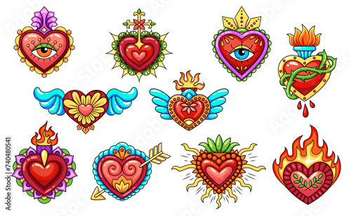 Mexican sacred heart tattoos with burning fire flame and wings, vector symbols. Sacred heart or Corazon Milagro with arrow or thorn and blood drop or Christian cross and eye for Mexican art tattoo