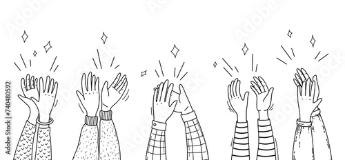 Doodle applause hands of people clapping or cheer up applauding audience, line vector. Congratulation, support and bravo greeting applause hands of applauding people in outline doodle silhouettes