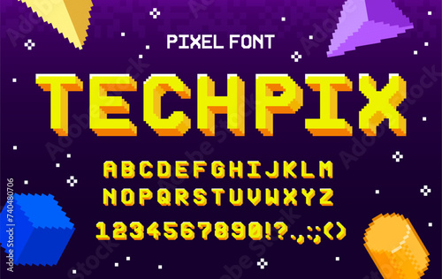 8-bit arcade game font, geometric type and retro tech typeface, vector English alphabet. 8 bit pixel art font text letters and numbers, computer video arcade game typography or retro techno ABC