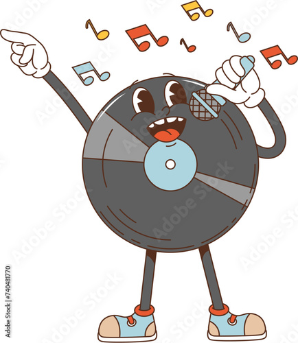 Cartoon retro vinyl record groovy character sings passionately into a microphone, embodying the soulful vibe of classic music eras. Isolated vector colorful, vintage, hippie style musical personage