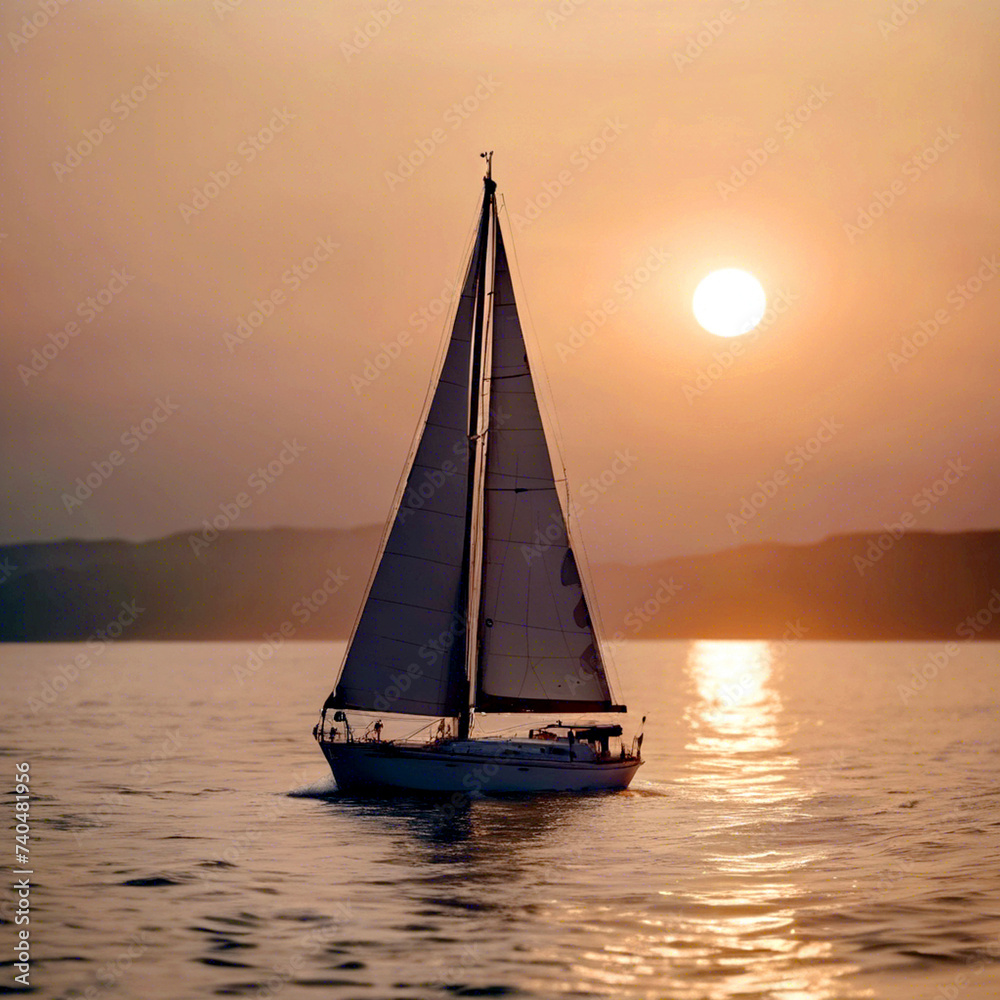 Lonely sailboat at sea. Sea spaces, romance of sea voyages