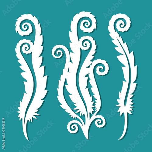 Set of fancy cute plants. Sprouts of curled leaves. White shoots on a green background. Template for plotter laser cutting of paper, fretwork, wood carving, metal engraving, cnc. Vector illustration.