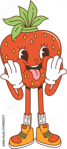 Cartoon retro groovy strawberry character showing tongue. Isolated vector berry comic naughty personage teasing, cute and funny fruit wearing gloves and boots fooling, express positive emotions