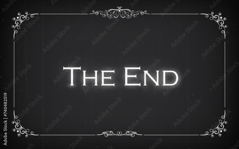 Silent cinema film end, movie screen with retro ornamental border frame. Vector vintage conclusion of the Hollywood cinematography narrative, white glow words the end on black background in noir style