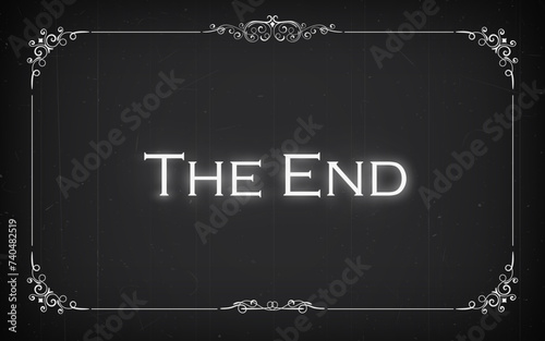 Silent cinema film end, movie screen with retro ornamental border frame. Vector vintage conclusion of the Hollywood cinematography narrative, white glow words the end on black background in noir style photo