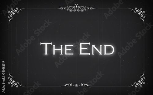 Silent cinema film end, movie screen with retro ornamental border frame. Vector vintage conclusion of the Hollywood cinematography narrative, white glow words the end on black background in noir style