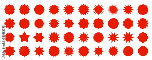Red straburst sale price labels, stickers and seals. Isolated vector set of rosettes and sunbursts, callout or splash, stamps, tags and badges. Circular patches with jagged edges for promo advertising photo