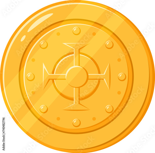 Cartoon golden coin. Isolated vector ancient pirate doubloon. Shiny yellow ducat with intricate engravings. Fantasy treasure, fairy tale item, game asset, small, round piece of metal, made from gold photo
