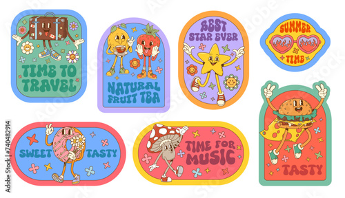 Cartoon retro groovy stickers with funny characters. Vector patches set with comic suitcase, lemon and strawberry, star, burger and donut, amanita mushroom and sunglasses, funky trippy personages