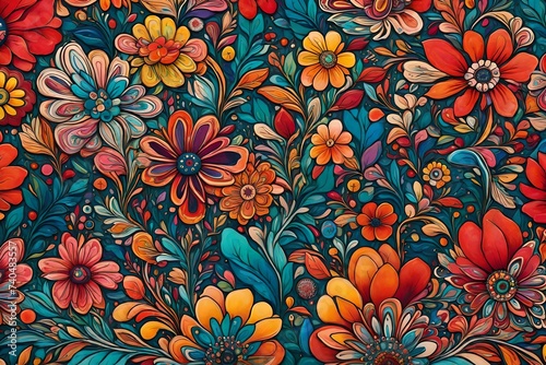 A visually stunning illustration portraying the fusion of lively liquid colors on a contemporary canvas, complemented by intricate flower motifs for added charm photo