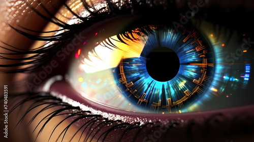 Human eye close-up  future digital eye data network and network security technology background
