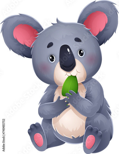 Cartoon koala bear character blissfully munches on a eucalyptus leaf. Isolated vector Australian animal personage with round eyes and jovial face expression capturing the joy of a tasty meal