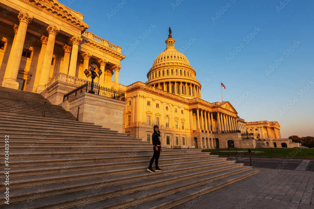 A tourist visit the Capitol Building in Washington, D.C., Enjoy sunrise in front of Capitol Building