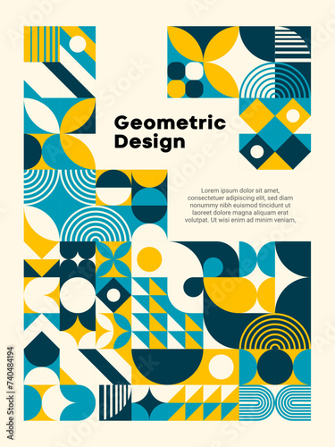 Modern turquoise and yellow abstract geometric bauhaus pattern poster featuring vibrant colors and clean lines. Vector cover template or background blending modern aesthetics with timeless design
