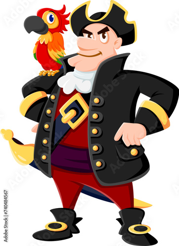 Cartoon sea pirate and corsair captain character with parrot. Isolated vector charismatic buccaneer personage in traditional hat and costume, confidently stands with colorful bird perched on shoulder