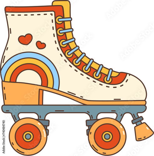 Cartoon retro groovy hippie roller skate. Isolated vector vibrant, wheeled boot, adorned with rainbow and hearts patterns. Vintage rollerblade shoe embodying free-spirited funky vibes of 60s and 70s