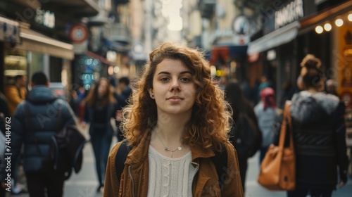 A young woman standing out in a crowded street