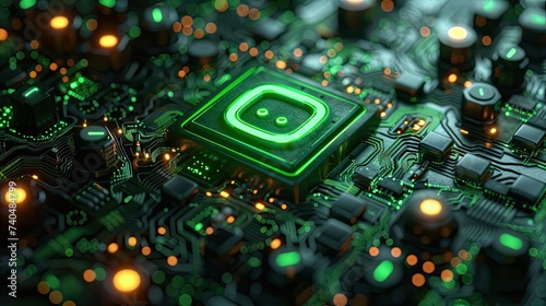 Digital green power switch icon on futuristic background, digital lines on background, black background, 3d blender