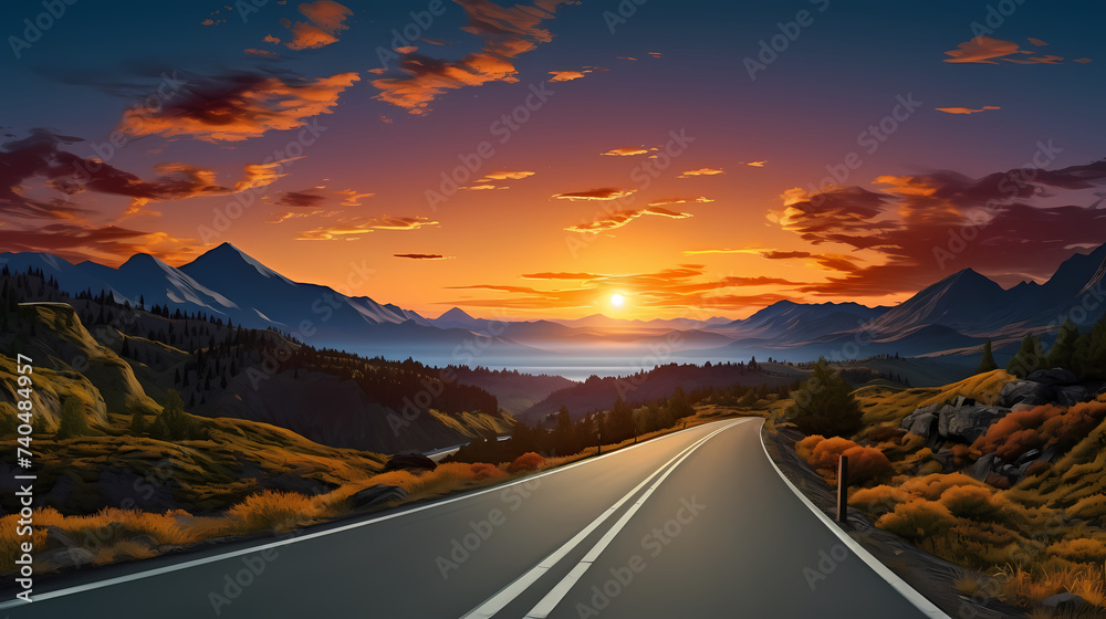 Road illustration, aerial view of road curves around beautiful scenery